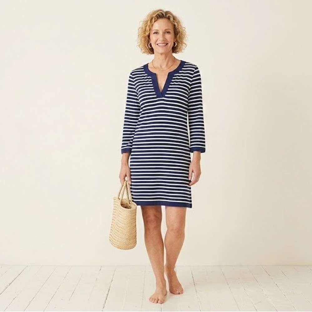 Aqua et Sol Striped Tunic Dress Women L Navy Blue White Split V-Neck